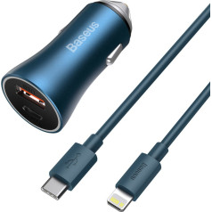 Ātrs 40W PD QC USB-C / USB automašīnas lādētājs + zils iPhone kabelis