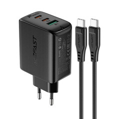 Acefast 2in1 Sienas lādētājs 2x USB-C USB 65W + melns USB-C kabelis