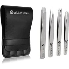 Abdul Of Sialkot Eyebrow Tweezers Set for Women and Men, Professional Slanted and Pointed Tweezers Set with Case, Splitter and Ingrown Hair Removal (Silver, 4 Pieces)