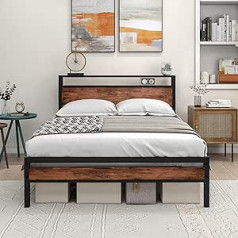 HOJINLINERO Double Bed Frame with Headboard with Storage Metal Platform Bed Frame Double Easy Assembly Steel Slat Support Under Bed Storage Black + Rustic Brown