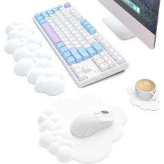 3 in 1 Cloud Ergonomic Keyboard Wrist Rest, Mouse Pad and Coaster Set, PU Leather, Non-Slip Rubber Base and Memory Foam, Easy Typing and Pain Relief, for Games, Office White