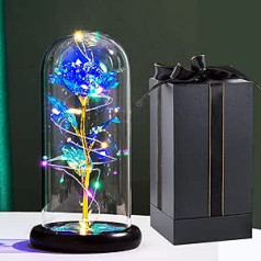 Catekro Eternal Rose in Glass with Light, Preserved Flowers, Silk Rose and LED for Main Decoration Birthday, Wedding, Valentine's Day, Mother's Day, Anniversary, Christmas Day (Blue)