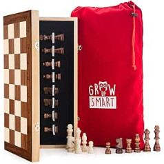 GrowUpSmart HOLZ SCHACHSPIEL-SET "Premium Edition" – 40 x 40 cm Große Klappbare Schachbrett-Kassette aus FSC-zertifiziertem Pinien/Linden/Nussbaumholz & Samt, inkl. Ersatz-Figuren, Schutzhülle