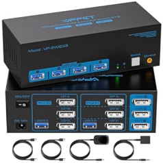 8K @ 60Hz Displayport KVM Switch 2 PC 3 Monitors USB 3.0 KVM Switch 3 Ports with 4 USB Ports for 2 Computers Support Extended & Copy Mode with Desktop Cable Controller and 2 USB Cables