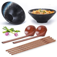 Ramen keramikas bļoda, 2 komplekti (6 gab.) Ramen bļoda ar karoti un irbulīšiem, neslīdoši japāņu trauki Ramen, salāti, graudaugi, 1000 ml, 20 x 20 x 8 cm