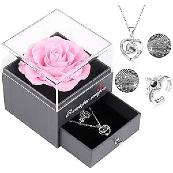 Eaprala I Love You Forever, Real Rose Preserved with Necklace and Ring, I Love You in 100 Languages, Eternal Rose for Valentine's Day, Anniversary, Birthday, Gifts for Her, Pink