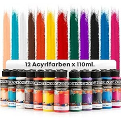 dezozo Acrylic Paint Set - 12 Basic Colours x 110 ml, Rich Pigment Colours for Canvas, Wood, Paper, Ceramic (12 Colours x 110 ml (Basic Colours)