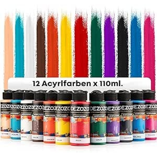 dezozo Acrylic Paint Set - 12 Basic Colours x 110 ml, Rich Pigment Colours for Canvas, Wood, Paper, Ceramic (12 Colours x 110 ml (Basic Colours)