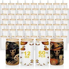 Sieral Pack of 60 340 ml sublimācijas stikla sagataves ar bambusa vāku, sublimācijas stikls, skārdenes, sublimācijas stikls, alus bundžas, stikls, matēts stikls, krūzes un salmiņi, stikls, krūzes, glāzes sulai