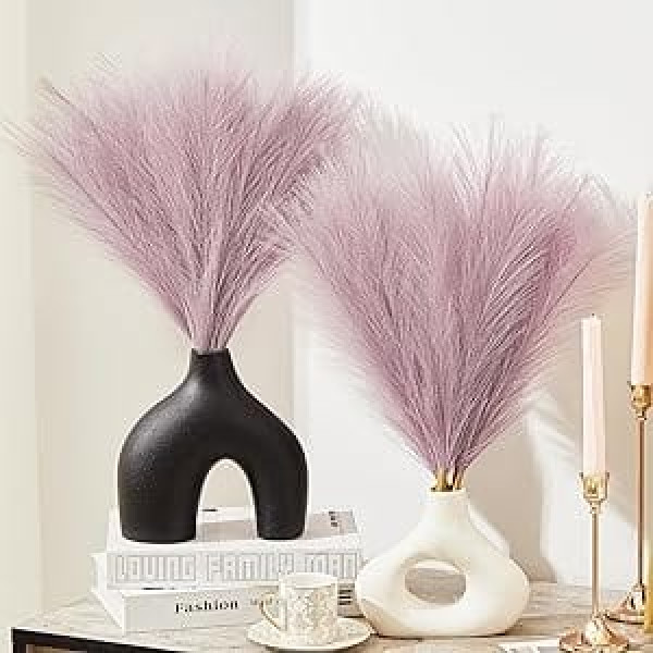 Serwalin Pampas Grass Decor 17 Inch 6 Pieces, Faux Pampas Grass Purple Decoration for Table Centrepieces Wedding Party Pampas Bouquet, Lavender Artificial Pampas Grass for Vase Purple Flowers