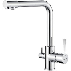 Ibergrif Kitchen Tap 3-Way Tap with Filter Mixer Tap Kitchen 360° Rotatable with 3 Hoses (50 cm) and Double Lever, Tap for Hot/Cold/Purified Water, Brass