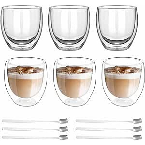 6 dubultsienu espresso tasīšu glāžu komplekts, Latte Macchiato glāzes, dubultsienu 80 ml, kapučīno glāzes ar 6 karotēm, karstumizturīgas kafijas tases, tējas glāzes, espresso tasīšu komplekts