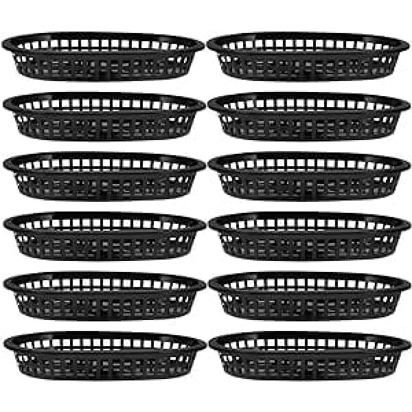 Cabilock Quick Food Baskets Black Basket Fruit Baskets Food Service Tray Sweets Snack Bread Bowls Plates for Hot Dogs Sandwiches Burger Frites Picnics Pack of 12