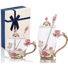 Enamel Butterfly Flower Glass Coffee Mug with Spoons and Lids, Set of 2 with Gift Box for Wife, Mum, Grandmother, Girlfriend, Sisters, Christmas, Birthday (Pink)