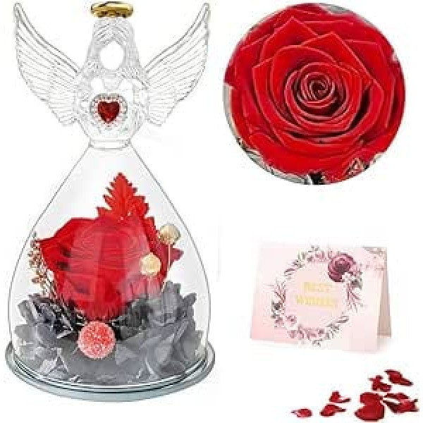 RANJIMA Infinity Roses in Glass Angel, Eternal Rose in Glass Infinity Roses Gifts for Mum, Preserved Flowers, Handmade, Birthday, Valentine's Day, Anniversary Gifts, Mum Girlfriend