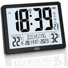 ADE Digital XL Radio-Controlled Clock with Very Large Numbers | Table Clock Wall Clock with 2 Alarm Times and Lighting | Thermometer Hygrometer | Narrow Frame in Matt Black