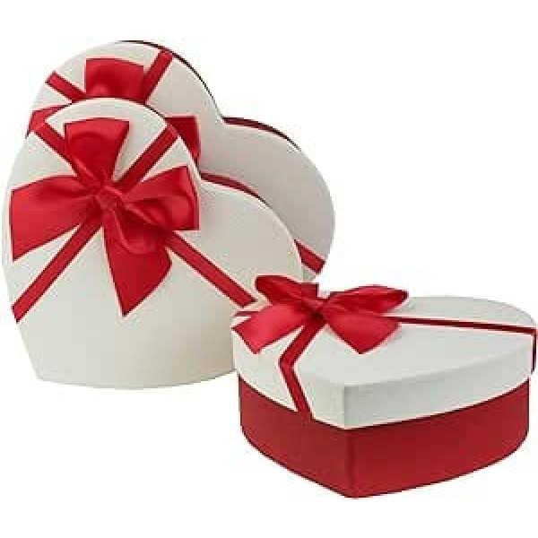 Emartbuy Set of 3 Rigid Luxury Presented Gift Box Heart Shaped Textured Red Box with Cream Lid, Polka Dot Interior and Satin Bow