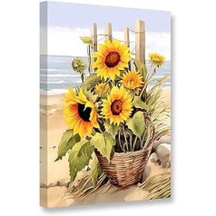 CCWACPP Sunflowers Canvas Wall Picture Yellow Flowers Wall Print Rustic Floral Pattern Beach and Sea View Painting Farmhouse Kitchen Decoration 40 x 60 cm