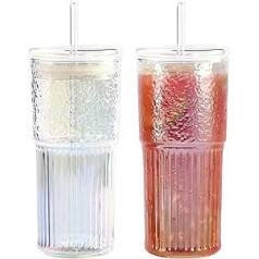 GOSCHE stikla krūzes ar salmiņiem un vākiem dzeramais stikls 2 iepakojumi 20 unces ledus kafijas krūzes stikla glāzes ūdens smūtija piena kokteiļa zaigošanai