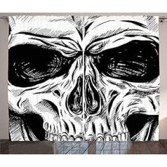 ABAKUHAUS Skull Rustic Curtain Gothic Sketch Bad Face Guļamistabas volānveida lentes aizkars ar izciļņiem un āķiem, 280 x 175 cm, balts melns