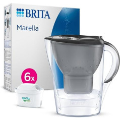 BRITA Marella ūdens filtra krūze, grafīts (2,4 l) ar 6 x Maxtra Pro universālo kārtridžu (pusgada iepakojums) - filtrs kaļķakmens, hlora, svina, vara un garšu traucējošu vielu samazināšanai