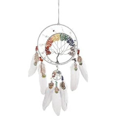 7 Chakras Tree of Life Dream Catcher Wall Decoration with Rainbow Healing Crystal Stone Handmade Grey Feather DreamCatchers Wall Hanging Ornaments for Bedroom Home Decor Blessing Gift Party