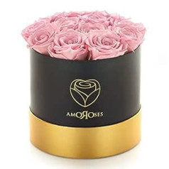 Amoroses 12 Real Stabilised Roses Last Years - Original Gift Idea Elegant Bouquet for Birthday, Graduation and Special Occasions (Black Box with Pink Roses)