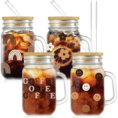 Whaline 4 Pack Boho Mason Jar krūze ar rokturi, 530 ml Mason Jar Dzērienu burkas Boho Ledus Kafijas Tases Stikla krūzes Krūze ar vāku un salmiņiem ledus kafijas tējas sodas kokteiļu dāvanām