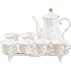 DUJUST 14 Piece Tea Set with 6 Trays and Spoons, Luxury British Style Coffee Cup Set with Golden Rim, Beautiful Porcelain Tea Set, Tea Party Set, Gift Package - White