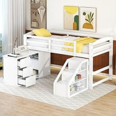AMDXD 90 x 200 cm kabīnes gulta ar integrētu daudzfunkcionālu galdu un kāpnēm, bērnu gulta Moderns gultas rāmis ar koka līstes balstu, balts