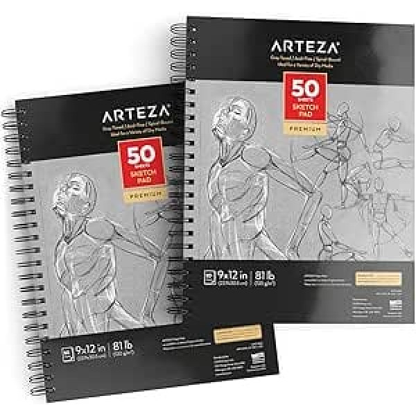 Arteza Sketch 22,9 cm x 30,5 cm zīmēšanas spilventiņu komplekts, 2–50 loksnes katra — 120 g/m² Smags papīrs Spirāli iesiets skiču bloks — pelēks zīmēšanas papīrs — plašam sauso materiālu klāstam