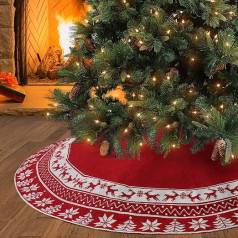 Weldomcor Christmas Tree Skirt 122 cm Knitted Christmas Tree Skirt Pad Round Elk Snowflakes Large Tree Mat for Christmas New Year Decoration, Red