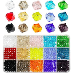 BALABEAD 6 mm bikona slīpētas kristāla stikla krelles juvelierizstrādājumu izgatavošanai DIY krelles rokassprādzei, 15 krāsu maisījums kastītē (kopā 600 gab.)