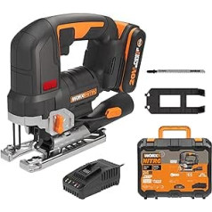 WORX NITRO WX542 Cordless Pendulum Stroke Jigsaw 20 V - Brushless Motor - Professional Jigsaw with Suction Adapter - Also Ideal for Mitre Cuts - PowerShare Compatible - with Battery & Quick Charger,