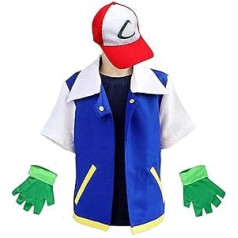 PUYYDS Vīriešu Anime zila jaka zēniem Meiteņu Ash Ketchum Cosplay kostīms Helovīnam Sieviešu trenera cepure un cimdi Regulējama beisbola cepure, bēšs