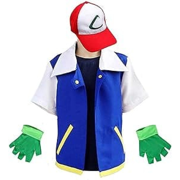 PUYYDS Vīriešu Anime zila jaka zēniem Meiteņu Ash Ketchum Cosplay kostīms Helovīnam Sieviešu trenera cepure un cimdi Regulējama beisbola cepure, bēšs