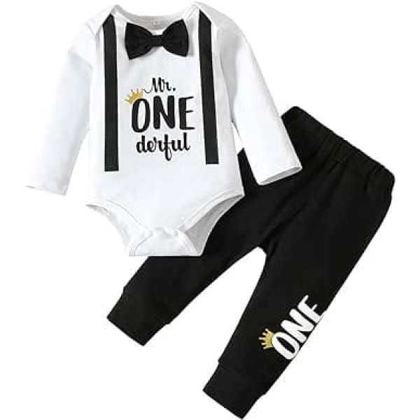 Hinzonek Baby Boy 1. Geburtstag Kleidung Cake Smash Outfit Fliege Langarm Strampler Oberteil Hosenträger Hose Herren Kleidung Set