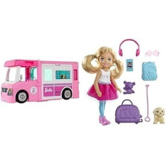 Barbie GHL93 3 vienā Super Adventure Camper 3 pēdas un Chelsea sērijas Chelsea lelle ar suņu pavadu mugursoma Austiņas Saulesbrilles