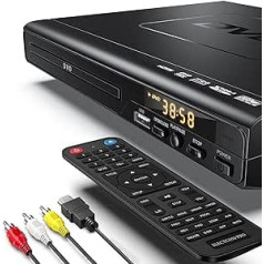 Electcom DVD atskaņotājs, CD atskaņotājs (1080p mērogošana, HDMI kabelis 0,91 m, USB ieeja, Xvid/MP4 atskaņošana, Dolby Digital, visi reģioni bez maksas)