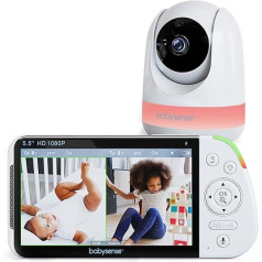 Babysense 5.5 Inch 1080P Full HD Split Screen Baby Monitor Video Baby Monitor with Camera and Audio PTZ Camera RGB Night Light 300 Meter Range Two-Way Audio 4x Zoom 5000mAh Battery