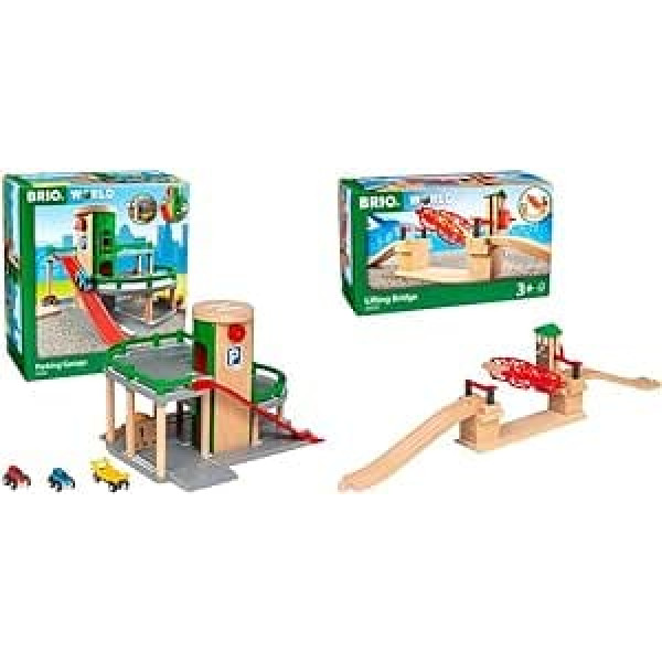 BRIO World 33204 autostāvvieta, ceļi un sliedes — dzelzceļa piederumi BRIO koka dzelzceļam — ieteicams bērniem no 3 gadu vecuma un pasaule 33757 paceļamais tilts — BRIO dzelzceļa piederumi