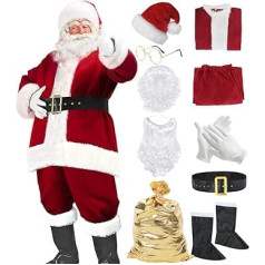 Ziemassvētku vecīša kostīms vīriešiem 10-daļīgs Ziemassvētku vecīša kostīms Ziemassvētku vecīša grezna kleita Ziemassvētkiem Vīns Sarkans samta uzvalks ar Ziemassvētku vecīša parūku bārdu Ziemassvētku ballītes Cosplay luksusa kompl