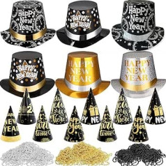ZYDNANYANG Jaungada 2024. gada ballīšu cepure, Vecgada vakars, 6 viesību cepures komplektā, 6 daļiņas trīsstūrveida smaila cepure, 12 laimīgā Jaunā gada galvas saite, tiāra, ragi, cepures, izpūstas un krelles