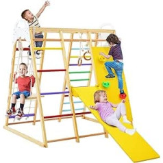 COSTWAY 8-in-1 Wooden Climbing Frame Set, Including Rope Ladder, Pull Up Bar, Gymnastics Rings, Ladder, Slide, Climbing Net, Climbing Rocks, Swing, Children's Playground from 3 Years (Colourful)