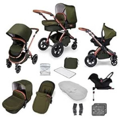 Ickle Bubba Stomp V4, All-in-One-Reisesystem, inklusive Trageschale, wendbarer Kinderwagen (Woodland Green auf Bronze-Chassis, Travel System + Galaxy Autositz)