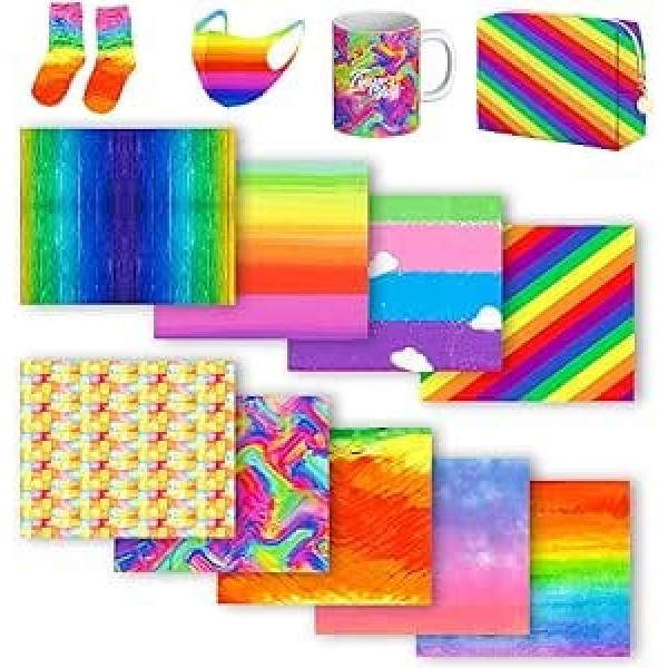 Infūzējamās tintes pārneses loksnes 12 x 10 collu Rainbow iepriekš apdrukāts kausējamas sublimācijas tintes pārsūtīšanas papīrs, kas paredzēts Cricut krūzes spiedei, T krekli, paliktņi, soma