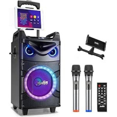 Moukey Karaoke Machine, Large Karaoke System with 26 cm Woofer & 8 cm Tweeter & 2 Microphones, Rechargeable Bluetooth Speaker with Light Effect, Tablet Holder TWS/Rec/AUX/USB/TF/FM for Party