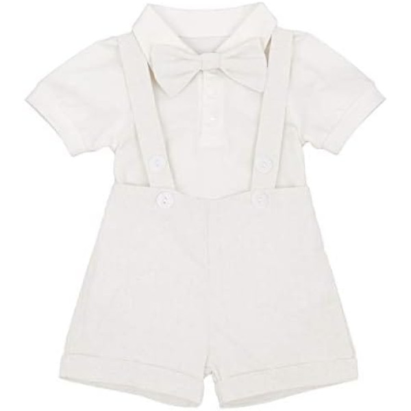 Baby Boys Christening Clothing Summer Short Sleeve Romper Shirt Top + Braces Strap Shorts + Bow Tie 3-Piece Gentleman Formal Suits Festive Wedding Birthday Cake Smash Overalls Clothing Photo Shooting