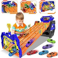 VATOS Upgraded 5 Tracks Transport Truck, Toy Cars for Boys Age 3 4 5 6 7 8, Portable Race Truck Toy Car with 5 Cars, Carrier Truck Vehicles Toy Set for Children