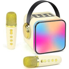 Mini karaoke iekārta bērniem, pārnēsājams Bluetooth karaoke skaļrunis ar 2 bezvadu mikrofoniem, karaoke iekārta mājas ballītei, dzimšanas dienas dāvanas meitenēm un zēniem (bēšs)